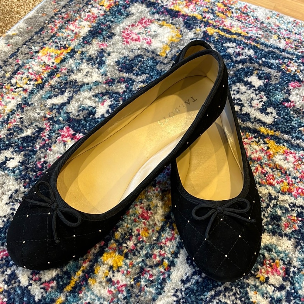 Talbots black suede quilted ballet flats with gold beads size 8